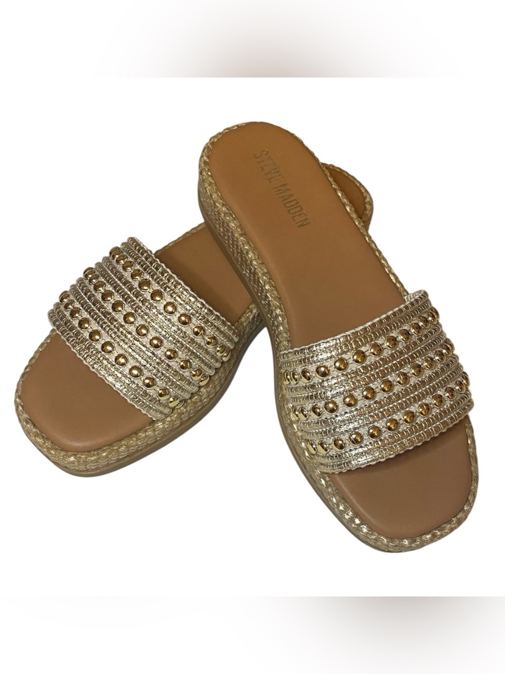 STEVE MADDEN Boardwalk Espadrille Style Sandal Slide Metallic Gold/Tan Size 8M